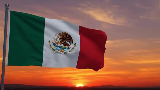 Mexican flag waving proudly against a stunning sunset sky with vibrant colors of nationalism - Powered by Adobe