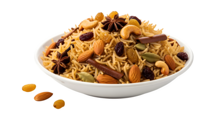 Aromatic rice dish generously garnished with nuts and dried fruits, a delightful culinary creation.