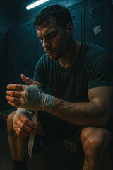Sweaty fighter wraps hands alone in a locker room; focus, routine, resilience before the fight. generative AI