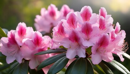 Obraz premium Beautiful Rhododendron Blooms With Pink Petals And Green Leaves
