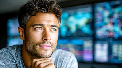 Mitarbeiter in modernen Logistik- und Kontrollzentren mit großen Monitoren. Szenen zu globalem Transport, Supply Chain, Digitalisierung, Datenanalyse und internationalem Warenfluss.