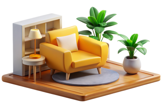 The image shows a bright and clean living room with a minimalist design- 3D rendering
