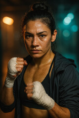 Intense female fighter with wrapped hands in guard stance, sweaty and unbreakable in gym light. generative AI