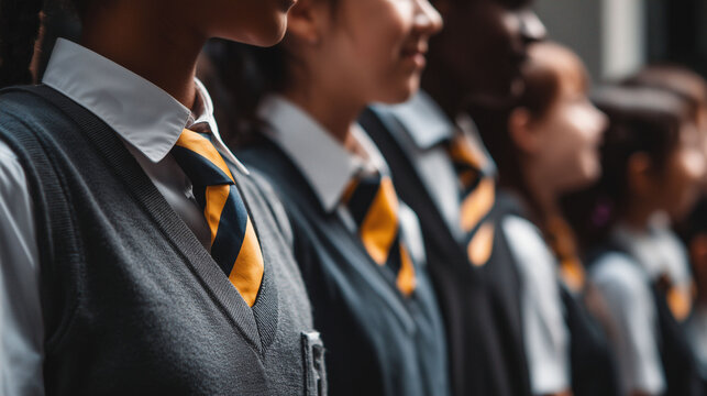 students in school uniform standing in row during morning assembly in united kingdom school education discipline and routine concept
