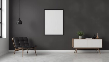 Modern dark loft living room interior with blank poster frame mockup on grey wall