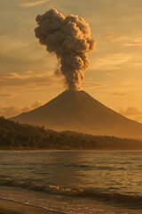 Volcano erupting above a tropical shoreline at golden hour, ash plume towering into the sky. generative AI