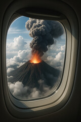 Erupting volcano framed by an airplane window above clouds; ash plume and glowing crater. generative AI