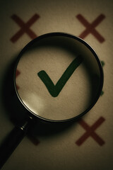 Magnifying glass over bold green check mark among red Xs; approval, verification, QA success. generative AI