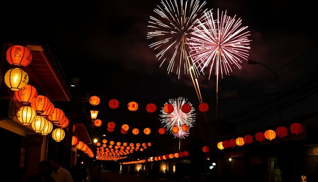 Street decorated with glowing lanterns and fireworks in the night sky.