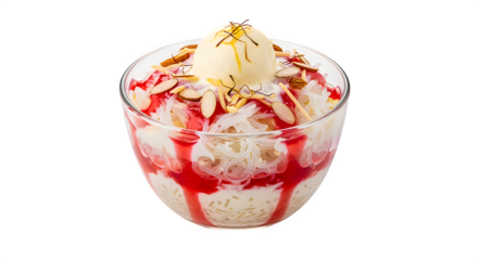 A refreshing and sweet dessert bowl filled with shaved ice, topped with ice cream, fruit syrup, and slivered almonds.