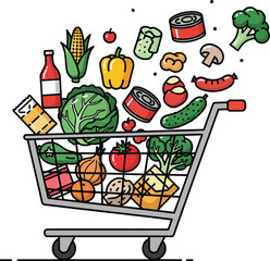 “Floating Cart Feast” stylized grocery illustration—dynamic food items including produce, dairy, and pantry staples for nutrition UX, lifestyle branding, and motion-based storytelling