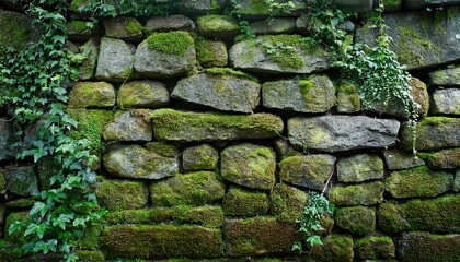 An Old Stone Wall Covered With Moss And Vines Background Stone Wall Background