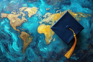 Global education graduation cap world map painted study abroad concept