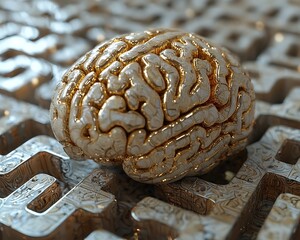 Golden Brain Mockup on Metallic Maze Pattern Illustrating Complexity