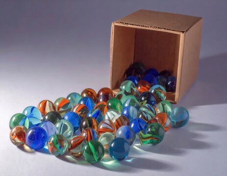 Colorful glass marbles spilling from a cardboard box on a light background