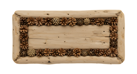 Driftwood nameplate with embedded pinecones isolated on transparent background