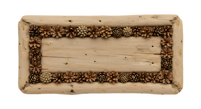 Driftwood nameplate with embedded pinecones isolated on transparent background