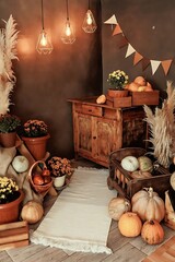 Autumnal display with pumpkins, flowers, wooden furniture, and decorative lights in a cozy corner setting.