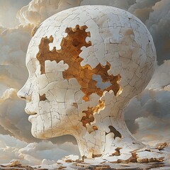 Puzzle Head Mockup with Missing Pieces against Cloudy Sky