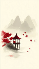 A serene landscape showcases fog-covered mountains reflected in calm waters, surrounded by autumn foliage and a solitary red house by the shore