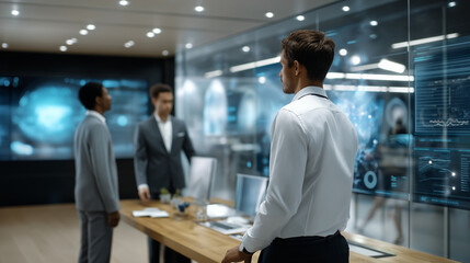 A futuristic office with employees using touch screens to collaborate on AI-driven projects, surrounded by holographic displays, AI, touch screen, cyberspace, smart workplace, futu