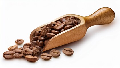 Fototapeta premium A Wooden Scoop Filled With Roasted Coffee Beans With A Few Beans Scattered Around It Isolated On A Transparent Background