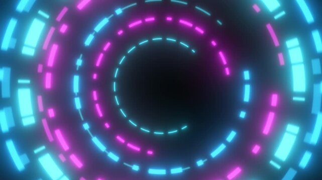 Neon pink and cyan circular segments rotate around a dark center