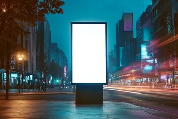 Dramatic illuminated commercial hoarding shines at dusk, promoting new business campaigns.