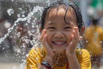 Obraz premium A young child wearing a yellow shirt is enjoying the refreshing water spray from a fountain at a park. The child has a big smile, expressing pure joy on a warm day