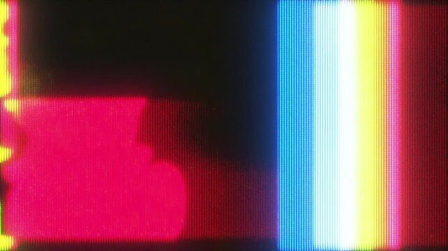 4K Abstract RGB glitch overlay background with red, blue, and yellow light bars, analog screen noise, VHS film effect, digital distortion texture for editing, retro cyberpunk visual art, technology