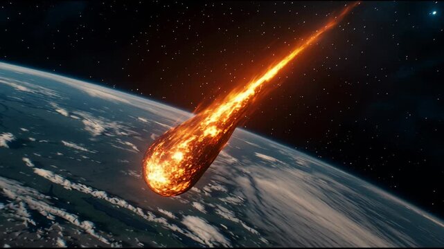 Massive fiery meteorite plummeting through earth's atmosphere, generating intense heat and potential global catastrophic destruction signaling possible extinction level planetary event