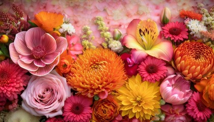 A Vibrant Floral Arrangement In Various Shades Of Pink Orange And Yellow With A Textured Background