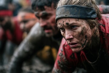 Athletes crawl through a muddy course in a competitive endurance event early in the morning. Focused expressions highlight their determination as they navigate the challenging terrain