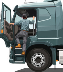 Truck driver climbing into the cab of a semitrailer truck.