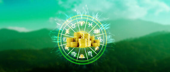 Horoscope with zodiac signs and money coins like astrology and money and astrology and wealth concept, Financial horoscope concept.