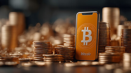 Bitcoin Symbol on Mobile Phone with Cryptocurrency Coins AI Generated