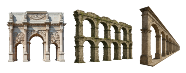 Ancient Roman architecture set including triumphal arch, ruined aqueduct, and perspective archway isolated. Historical civilization design elements.