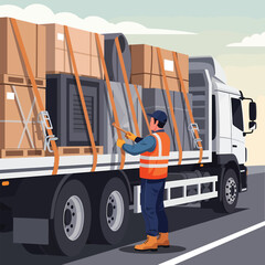 Trucker Securing Cargo with Straps on a Flatbed Truck.