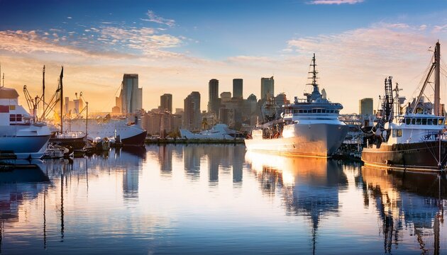 serene harbor landscape with modern ships and urban skyline reflected in calm water capturing tranquility and industrial sophistication in a digital art style