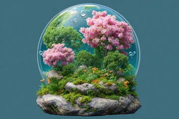 Enclosed miniature ecosystem with pink flowers and lush greenery