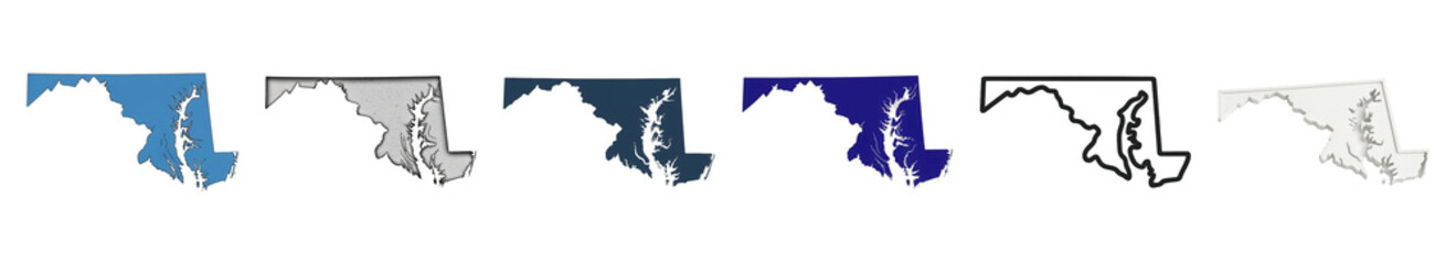 Maryland state map set including solid, textured, outline, and 3D styles isolated. USA geography and political graphic collection.