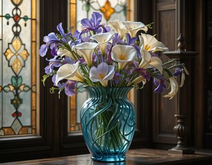 A glass vase filled with purple irises and white calla lilies sits atop a wooden table © Iqra