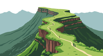 A winding pathway traverses a vibrant green cliff edge revealing a majestic mountain vista under a serene sky