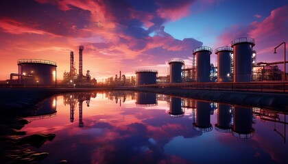 Fototapeta premium nighttime industrial scene with reflections on water silhouette of storage tanks and pipelines under a colorful sky at dusk