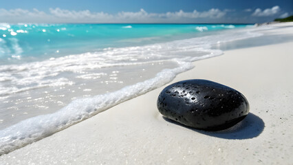 Black porous stone on white sand beach with turquoise water
