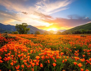 Obraz premium Stunning sunset over a vibrant flower field