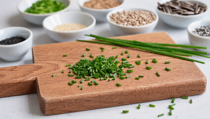Fresh chopped chives on wooden cutting board with whole herbs and seeds in bowls on white kitchen surface
