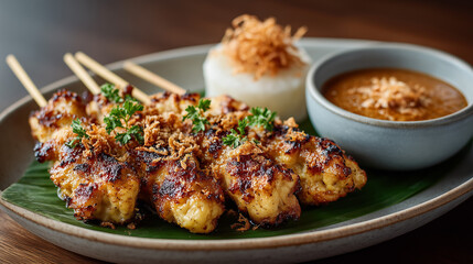 Fototapeta premium Delicious chicken satay with rice and peanut sauce presentation