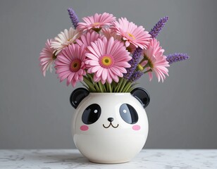 A cute ceramic panda-shaped vase sits on a wooden surface, featuring a smiling face with black eyes and ears. It is filled with a vibrant arrangement of pink daisies and purple lavender sprigs, creati