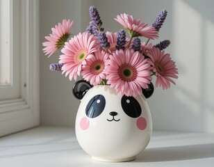 A cute ceramic panda-shaped vase sits on a wooden surface, featuring a smiling face with black eyes and ears. It is filled with a vibrant arrangement of pink daisies and purple lavender sprigs, creati